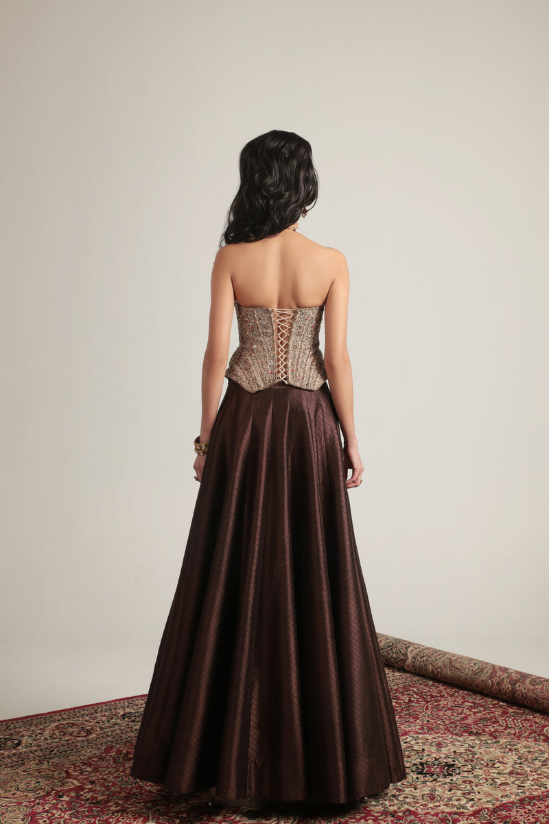 Zar-Rang Brown Panelled Corset Quilted Lehenga Set chiniya silk, kora silk lehenga sets by Niti Bothra in brown & maroon for women Worldwide