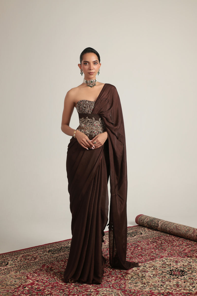 Zar-Rang Brown Double Corset Saree Set crepe sarees by Niti Bothra in brown for women Worldwide
