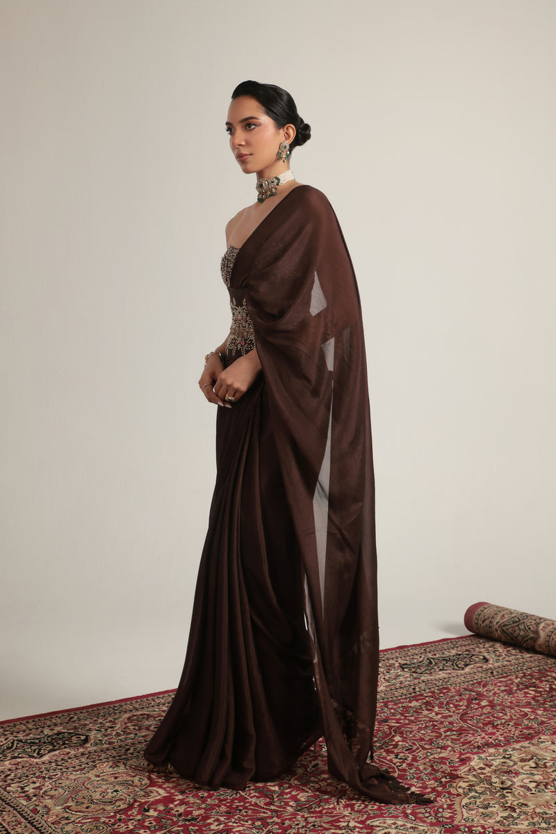 Zar-Rang Brown Double Corset Saree Set crepe sarees by Niti Bothra in brown for women Worldwide