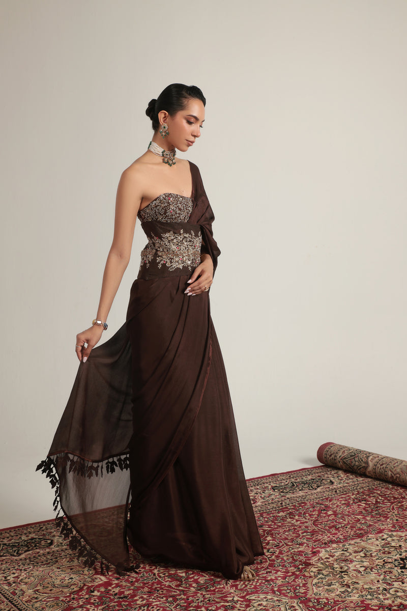 Zar-Rang Brown Double Corset Saree Set crepe sarees by Niti Bothra in brown for women Worldwide