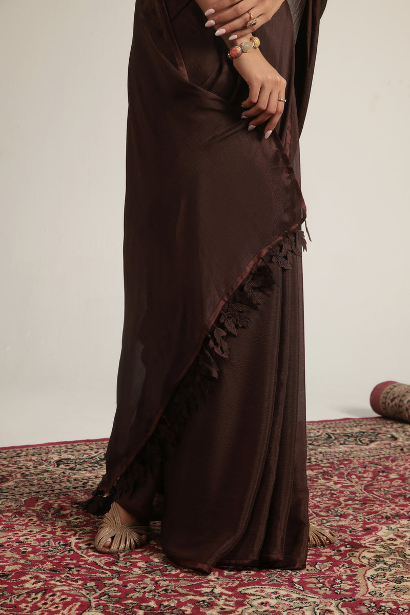 Zar-Rang Brown Double Corset Saree Set crepe sarees by Niti Bothra in brown for women Worldwide