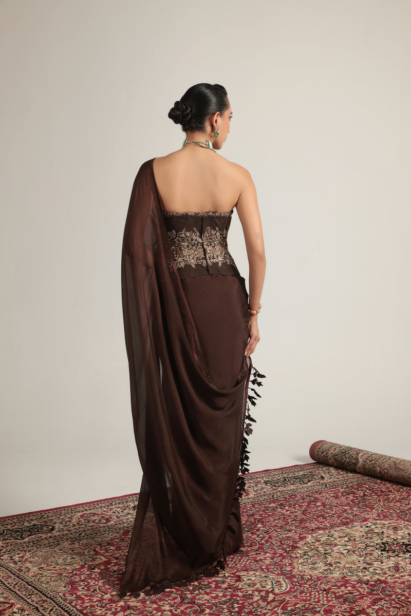 Zar-Rang Brown Double Corset Saree Set crepe sarees by Niti Bothra in brown for women Worldwide