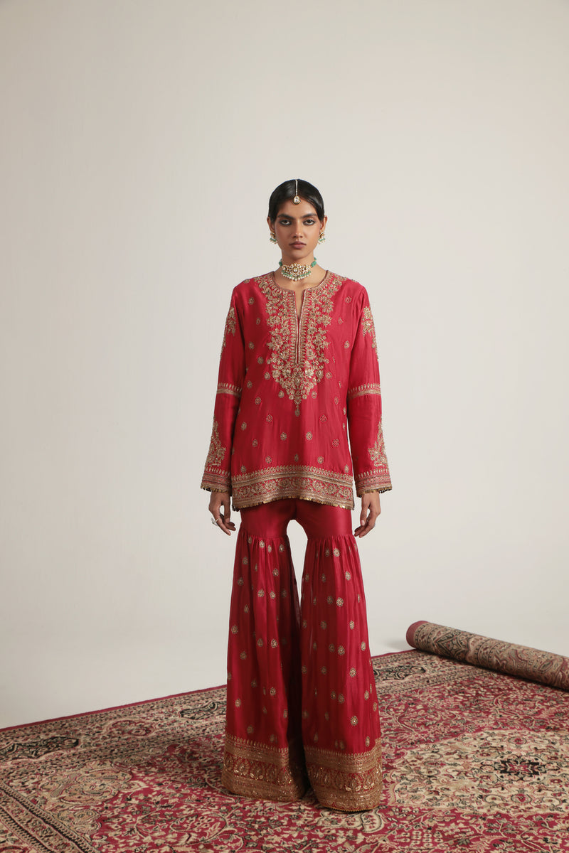 Zar-Rang Red Phool Patti Sharara Set silk chanderi, organza kurta/kurta set by Niti Bothra in red for women Worldwide
