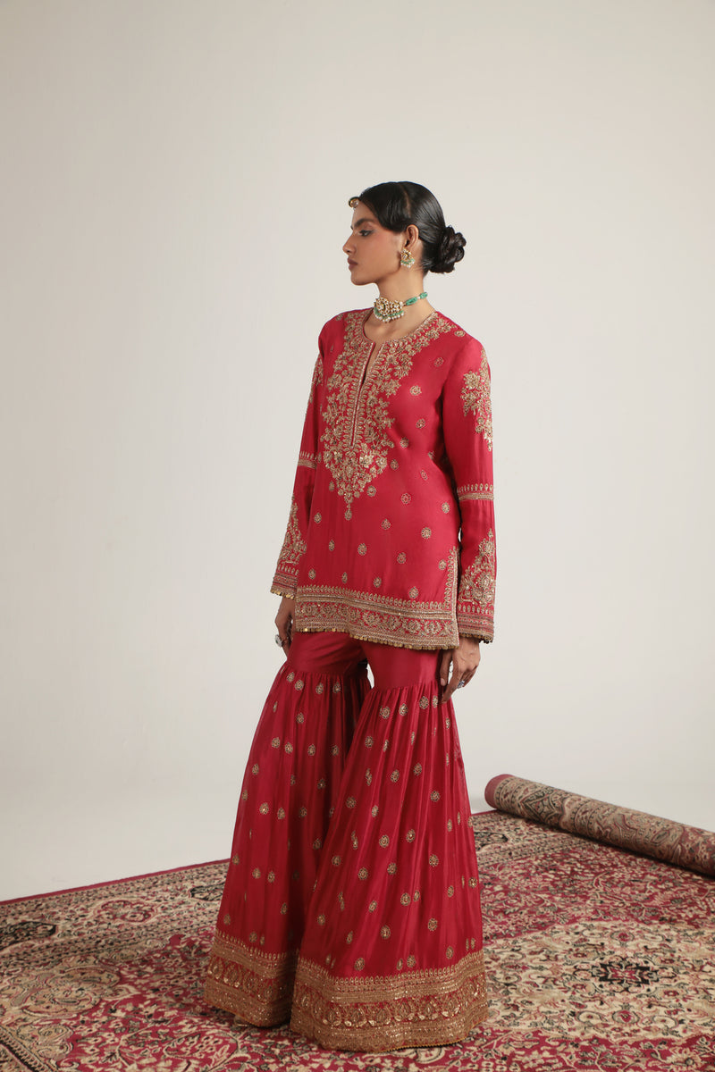 Zar-Rang Red Phool Patti Sharara Set silk chanderi, organza kurta/kurta set by Niti Bothra in red for women Worldwide