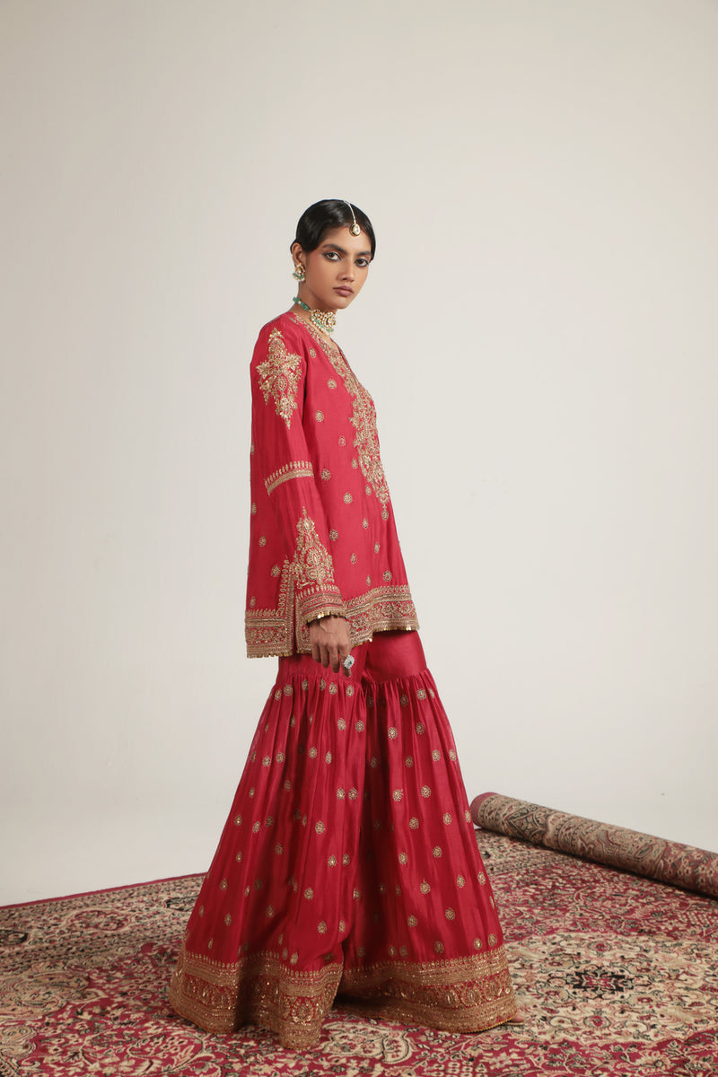 Zar-Rang Red Phool Patti Sharara Set silk chanderi, organza kurta/kurta set by Niti Bothra in red for women Worldwide