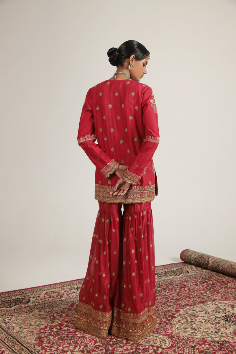Zar-Rang Red Phool Patti Sharara Set silk chanderi, organza kurta/kurta set by Niti Bothra in red for women Worldwide