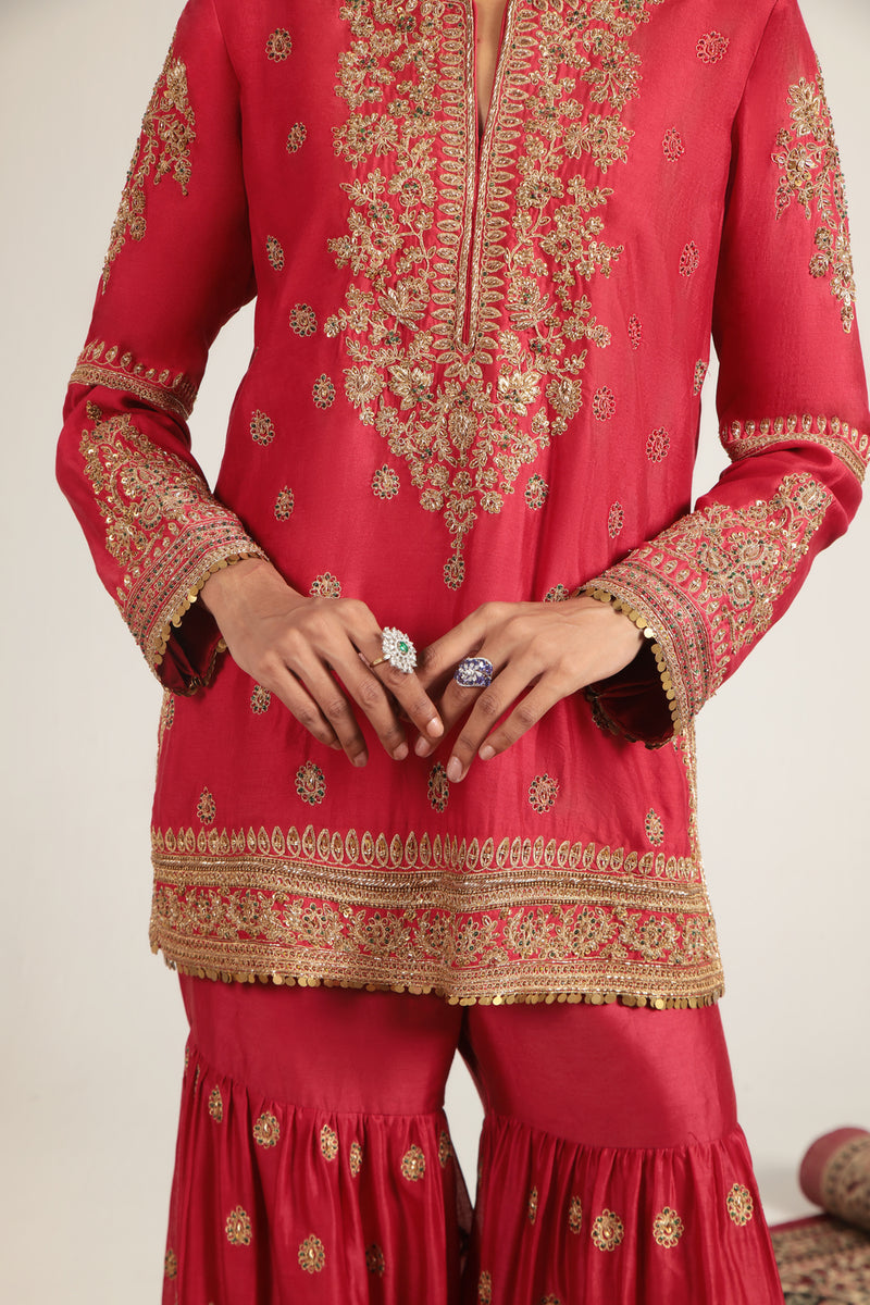 Zar-Rang Red Phool Patti Sharara Set silk chanderi, organza kurta/kurta set by Niti Bothra in red for women Worldwide