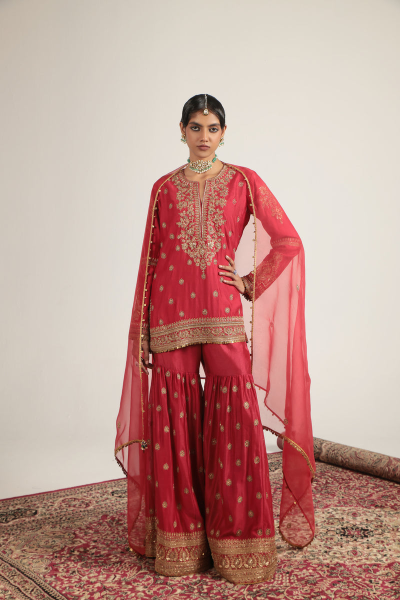 Zar-Rang Red Phool Patti Sharara Set silk chanderi, organza kurta/kurta set by Niti Bothra in red for women Worldwide