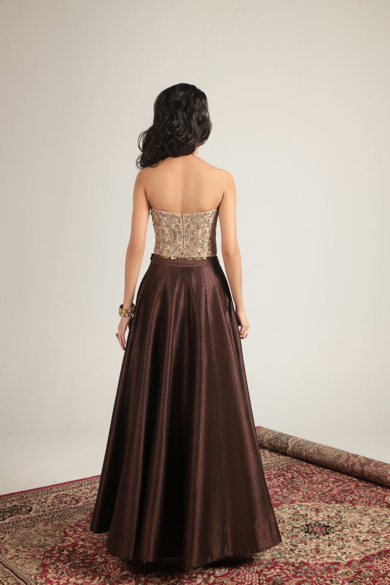Zar-Rang Brown Corset Quilted Lehenga Set chiniya silk, kora silk lehenga sets by Niti Bothra in brown & maroon for women Worldwide