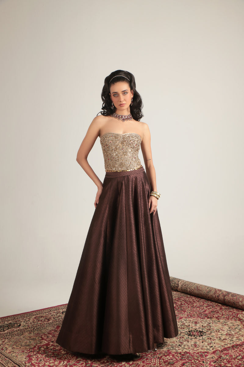 Zar-Rang Brown Corset Quilted Lehenga Set chiniya silk, kora silk lehenga sets by Niti Bothra in brown & maroon for women Worldwide