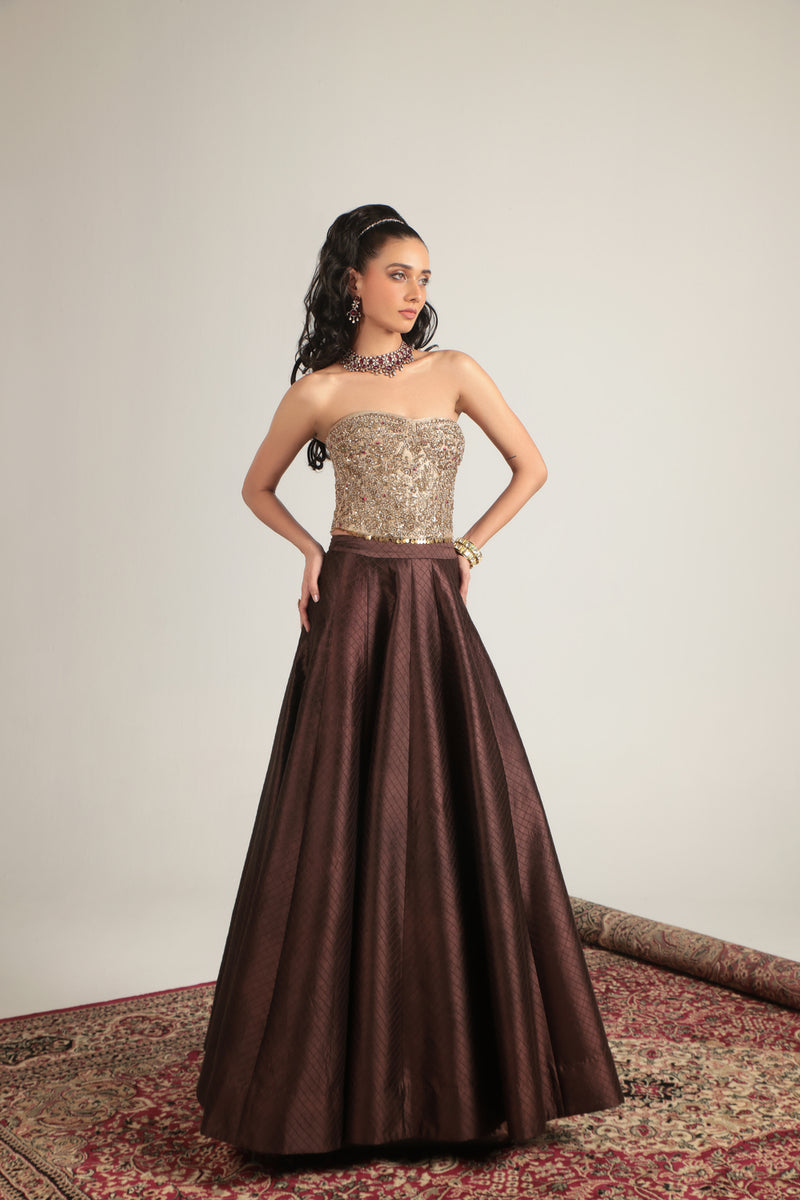 Zar-Rang Brown Corset Quilted Lehenga Set chiniya silk, kora silk lehenga sets by Niti Bothra in brown & maroon for women Worldwide