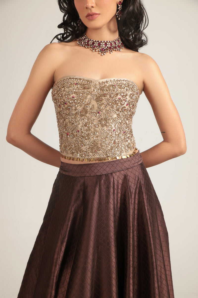 Zar-Rang Brown Corset Quilted Lehenga Set chiniya silk, kora silk lehenga sets by Niti Bothra in brown & maroon for women Worldwide
