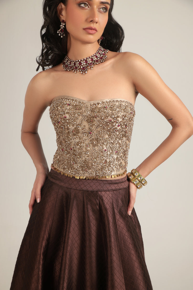Zar-Rang Brown Corset Quilted Lehenga Set chiniya silk, kora silk lehenga sets by Niti Bothra in brown & maroon for women Worldwide