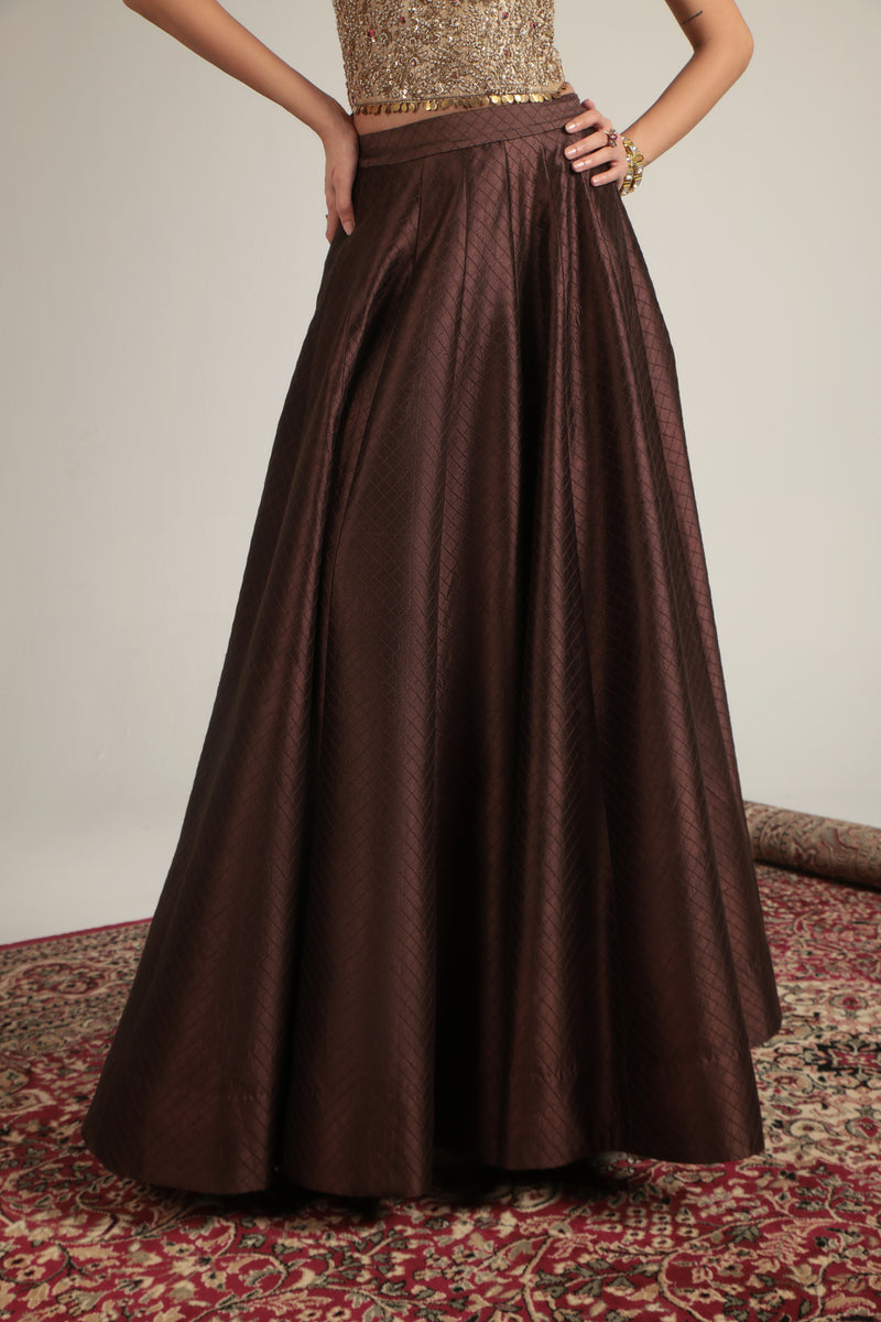 Zar-Rang Brown Corset Quilted Lehenga Set chiniya silk, kora silk lehenga sets by Niti Bothra in brown & maroon for women Worldwide