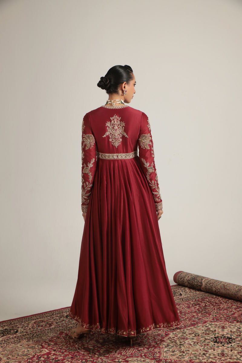 Zar-Rang Maroon Heavy Yoke Kalidar Set silk chanderi, silk tencel, organza kurta/kurta set by Niti Bothra in maroon for women Worldwide