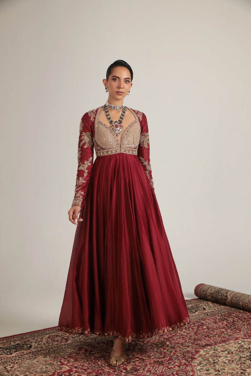 Zar-Rang Maroon Heavy Yoke Kalidar Set silk chanderi, silk tencel, organza kurta/kurta set by Niti Bothra in maroon for women Worldwide
