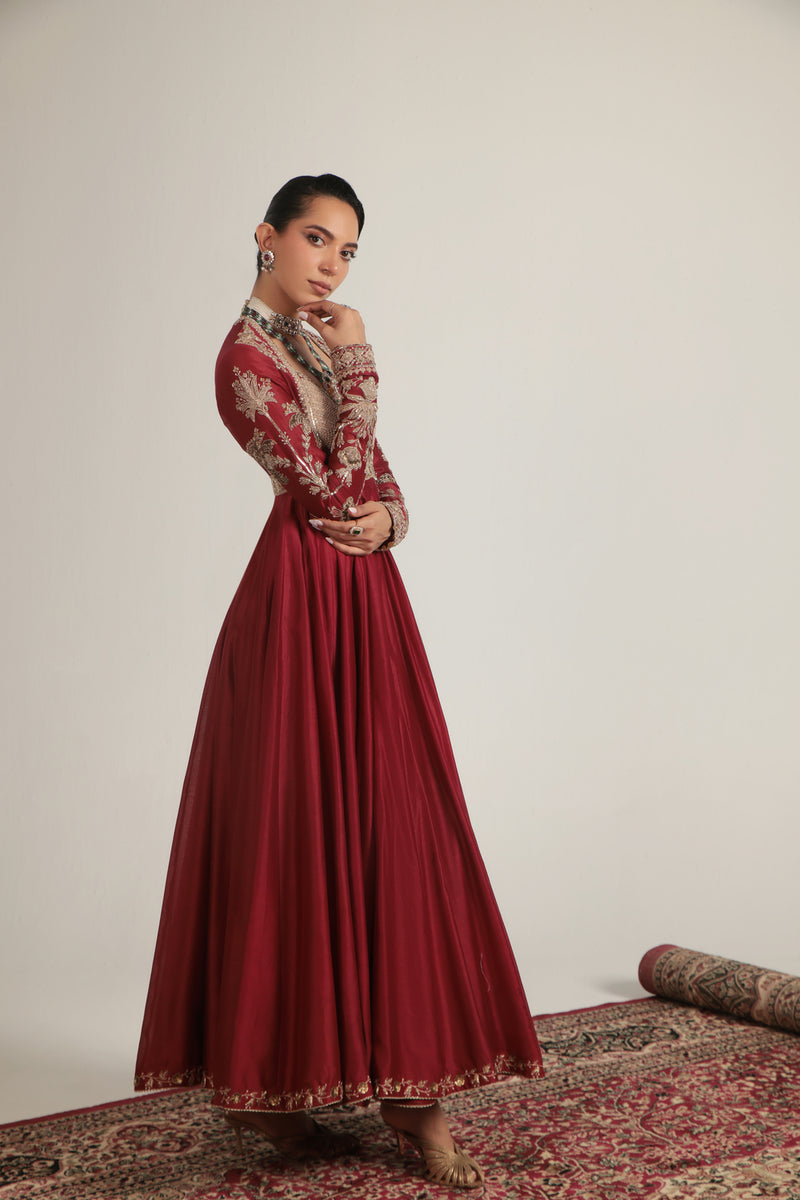 Zar-Rang Maroon Heavy Yoke Kalidar Set silk chanderi, silk tencel, organza kurta/kurta set by Niti Bothra in maroon for women Worldwide