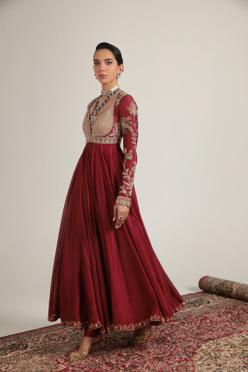 Zar-Rang Maroon Heavy Yoke Kalidar Set silk chanderi, silk tencel, organza kurta/kurta set by Niti Bothra in maroon for women Worldwide