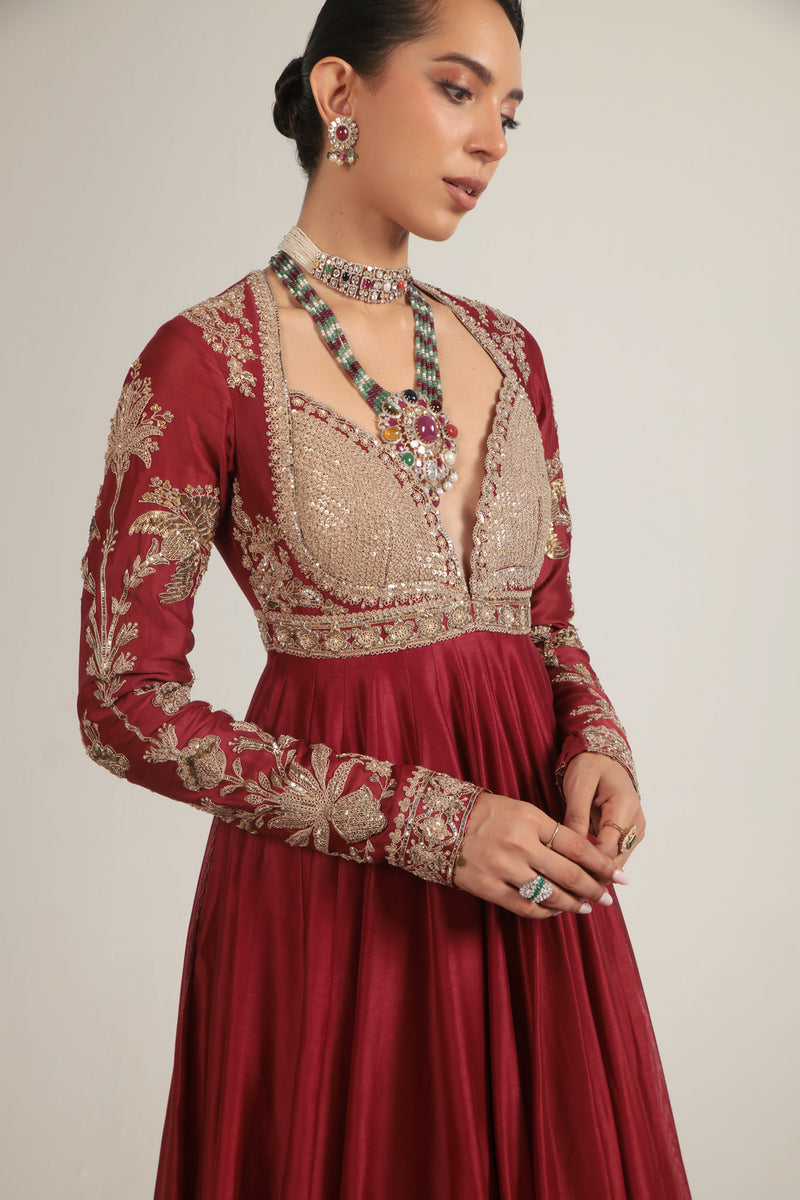 Zar-Rang Maroon Heavy Yoke Kalidar Set silk chanderi, silk tencel, organza kurta/kurta set by Niti Bothra in maroon for women Worldwide