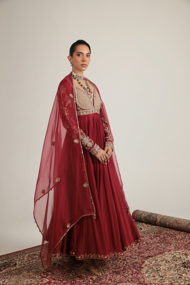 Zar-Rang Maroon Heavy Yoke Kalidar Set silk chanderi, silk tencel, organza kurta/kurta set by Niti Bothra in maroon for women Worldwide