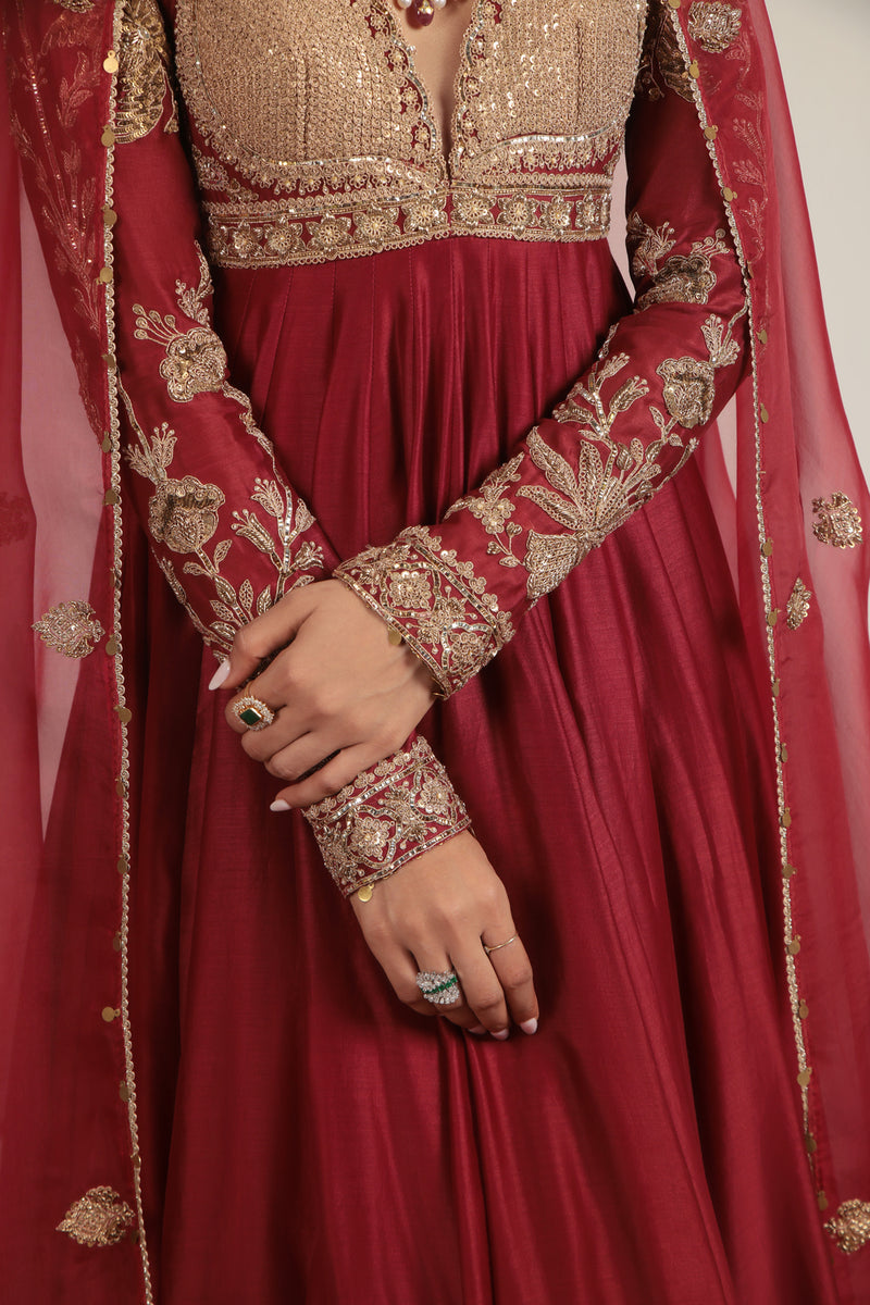 Zar-Rang Maroon Heavy Yoke Kalidar Set silk chanderi, silk tencel, organza kurta/kurta set by Niti Bothra in maroon for women Worldwide