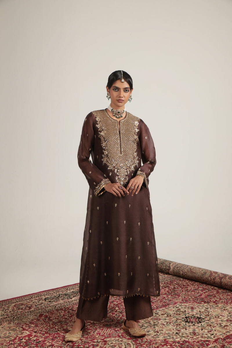 Zar-Rang Brown Long Kurta Set organza, silk tencel kurta/kurta set by Niti Bothra in brown for women Worldwide