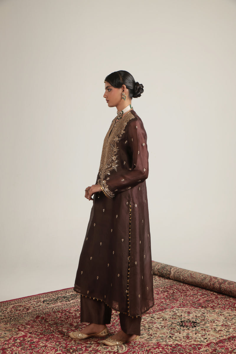 Zar-Rang Brown Long Kurta Set organza, silk tencel kurta/kurta set by Niti Bothra in brown for women Worldwide