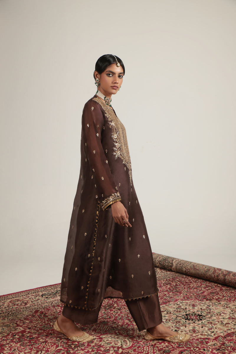 Zar-Rang Brown Long Kurta Set organza, silk tencel kurta/kurta set by Niti Bothra in brown for women Worldwide