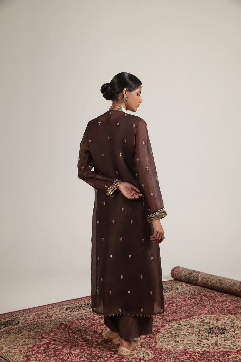 Zar-Rang Brown Long Kurta Set organza, silk tencel kurta/kurta set by Niti Bothra in brown for women Worldwide