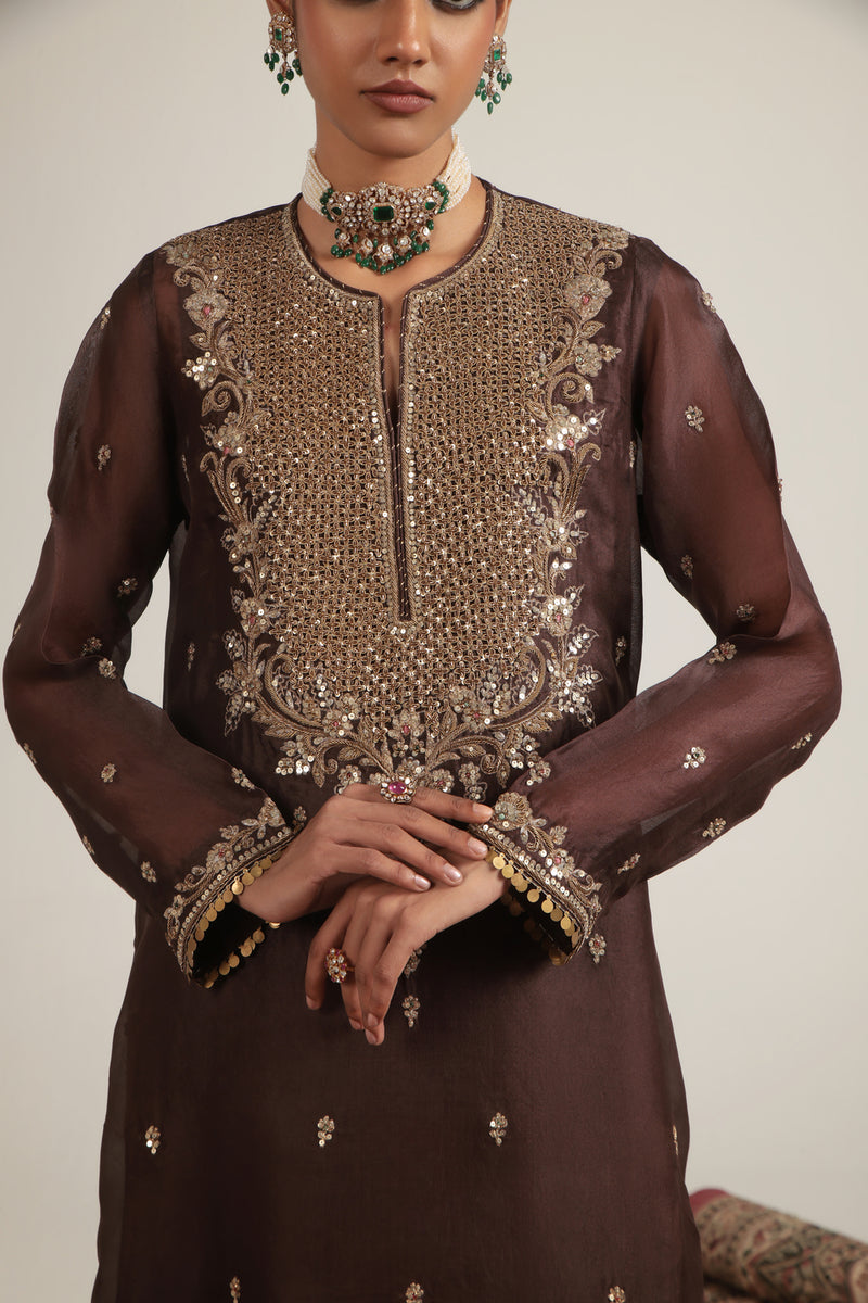 Zar-Rang Brown Long Kurta Set organza, silk tencel kurta/kurta set by Niti Bothra in brown for women Worldwide