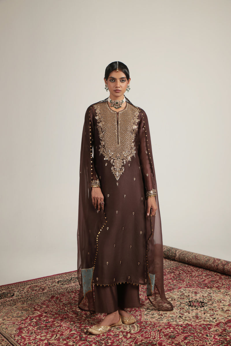 Zar-Rang Brown Long Kurta Set organza, silk tencel kurta/kurta set by Niti Bothra in brown for women Worldwide