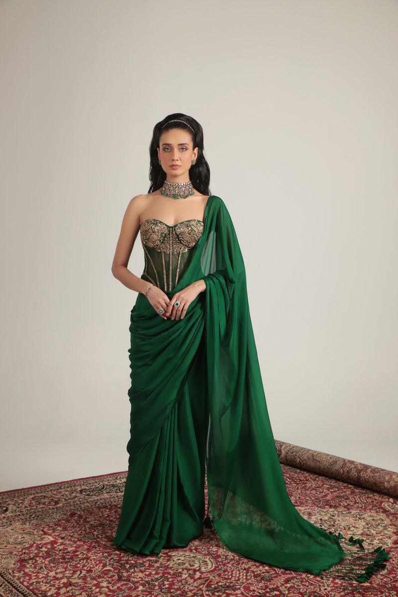 Zar-Rang Green Zardosi Corset Saree Set crepe, net sarees by Niti Bothra in green for women Worldwide