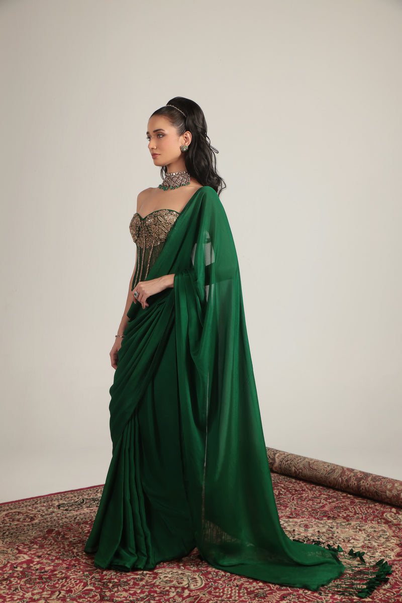 Zar-Rang Green Zardosi Corset Saree Set crepe, net sarees by Niti Bothra in green for women Worldwide