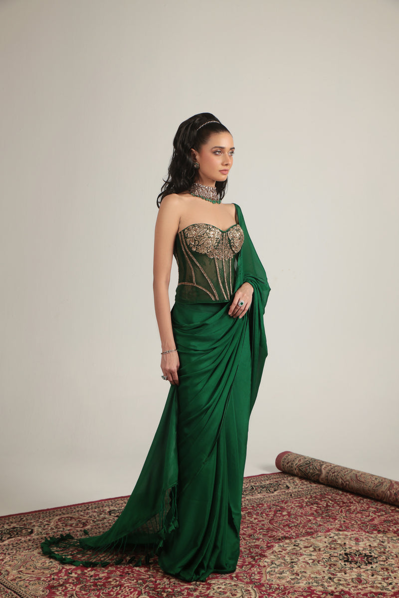 Zar-Rang Green Zardosi Corset Saree Set crepe, net sarees by Niti Bothra in green for women Worldwide