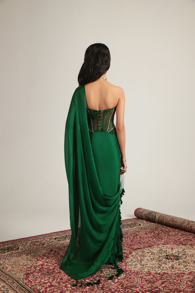 Zar-Rang Green Zardosi Corset Saree Set crepe, net sarees by Niti Bothra in green for women Worldwide