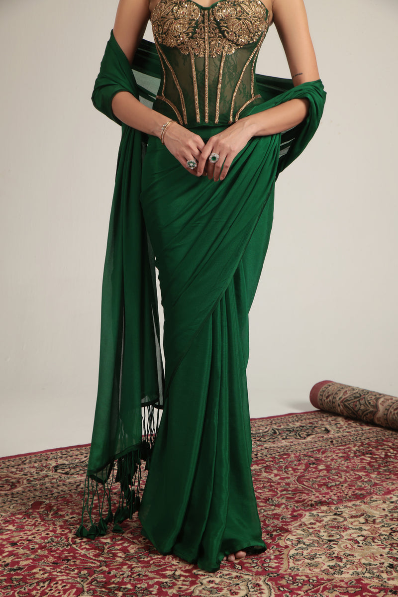 Zar-Rang Green Zardosi Corset Saree Set crepe, net sarees by Niti Bothra in green for women Worldwide