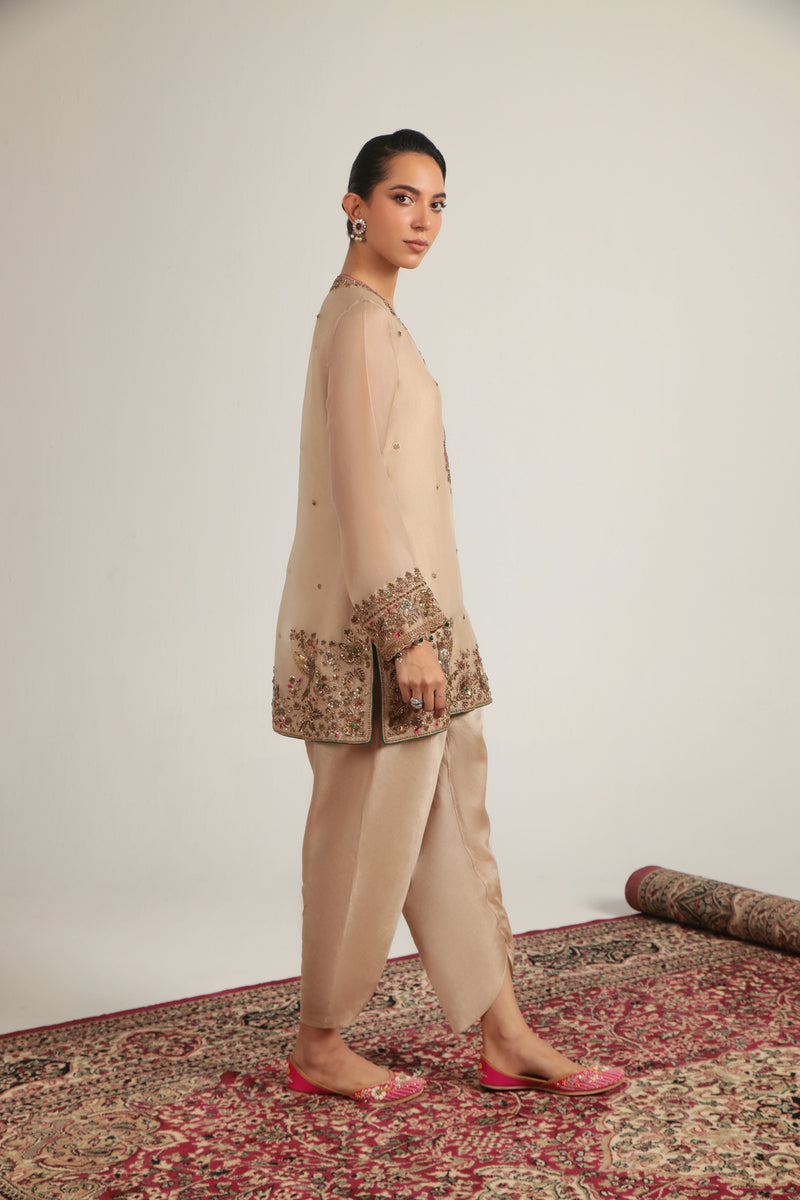 Zar-Rang Ivory Heavy Short Kurta Set organza, silk tencel kurta/kurta set by Niti Bothra in ivory for women Worldwide