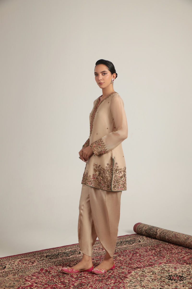 Zar-Rang Ivory Heavy Short Kurta Set organza, silk tencel kurta/kurta set by Niti Bothra in ivory for women Worldwide