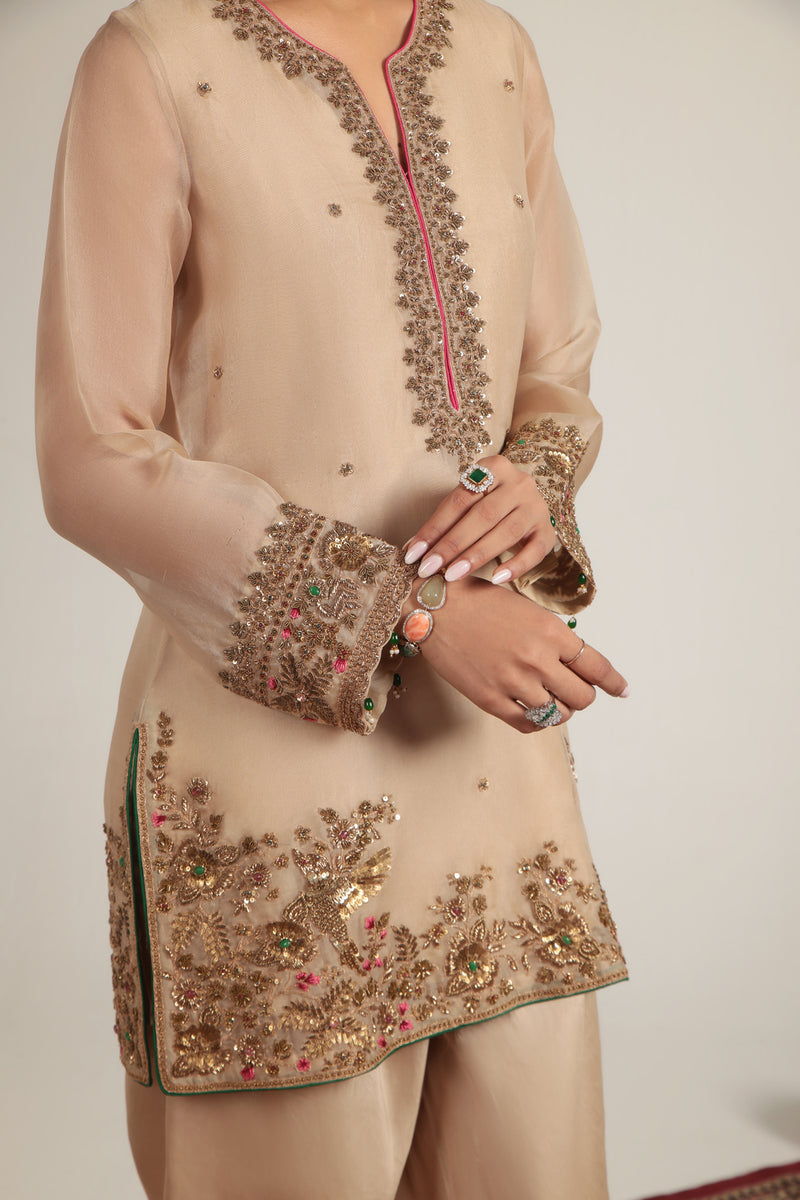 Zar-Rang Ivory Heavy Short Kurta Set organza, silk tencel kurta/kurta set by Niti Bothra in ivory for women Worldwide