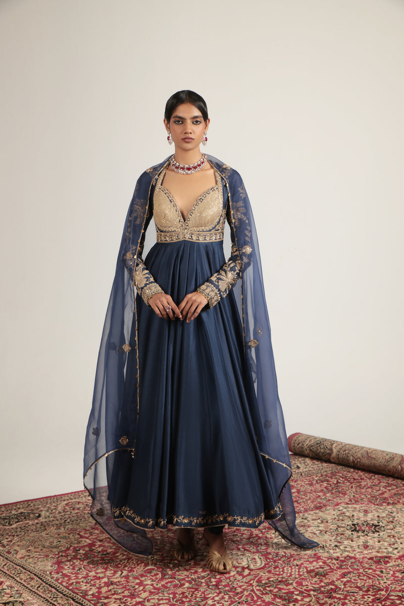 Zar-Rang Blue Heavy Yoke Kalidar Set silk chanderi, silk tencel, organza kurta/kurta set by Niti Bothra in blue for women Worldwide