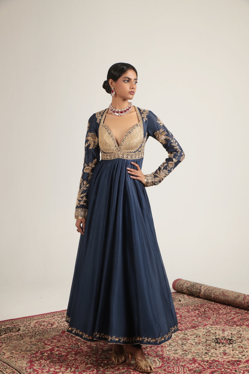 Zar-Rang Blue Heavy Yoke Kalidar Set silk chanderi, silk tencel, organza kurta/kurta set by Niti Bothra in blue for women Worldwide