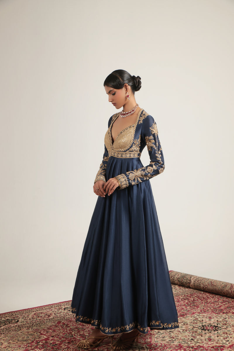 Zar-Rang Blue Heavy Yoke Kalidar Set silk chanderi, silk tencel, organza kurta/kurta set by Niti Bothra in blue for women Worldwide