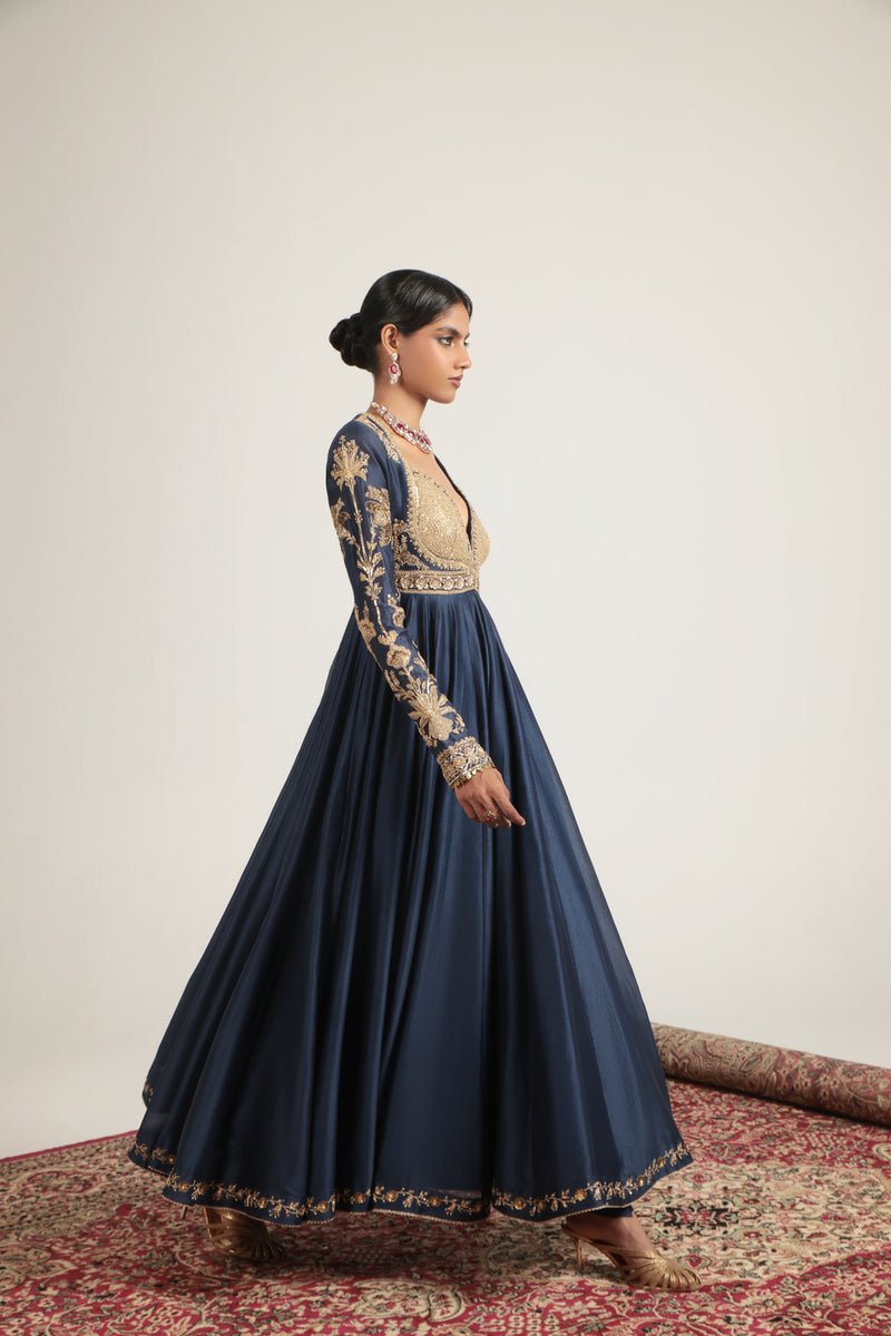 Zar-Rang Blue Heavy Yoke Kalidar Set silk chanderi, silk tencel, organza kurta/kurta set by Niti Bothra in blue for women Worldwide