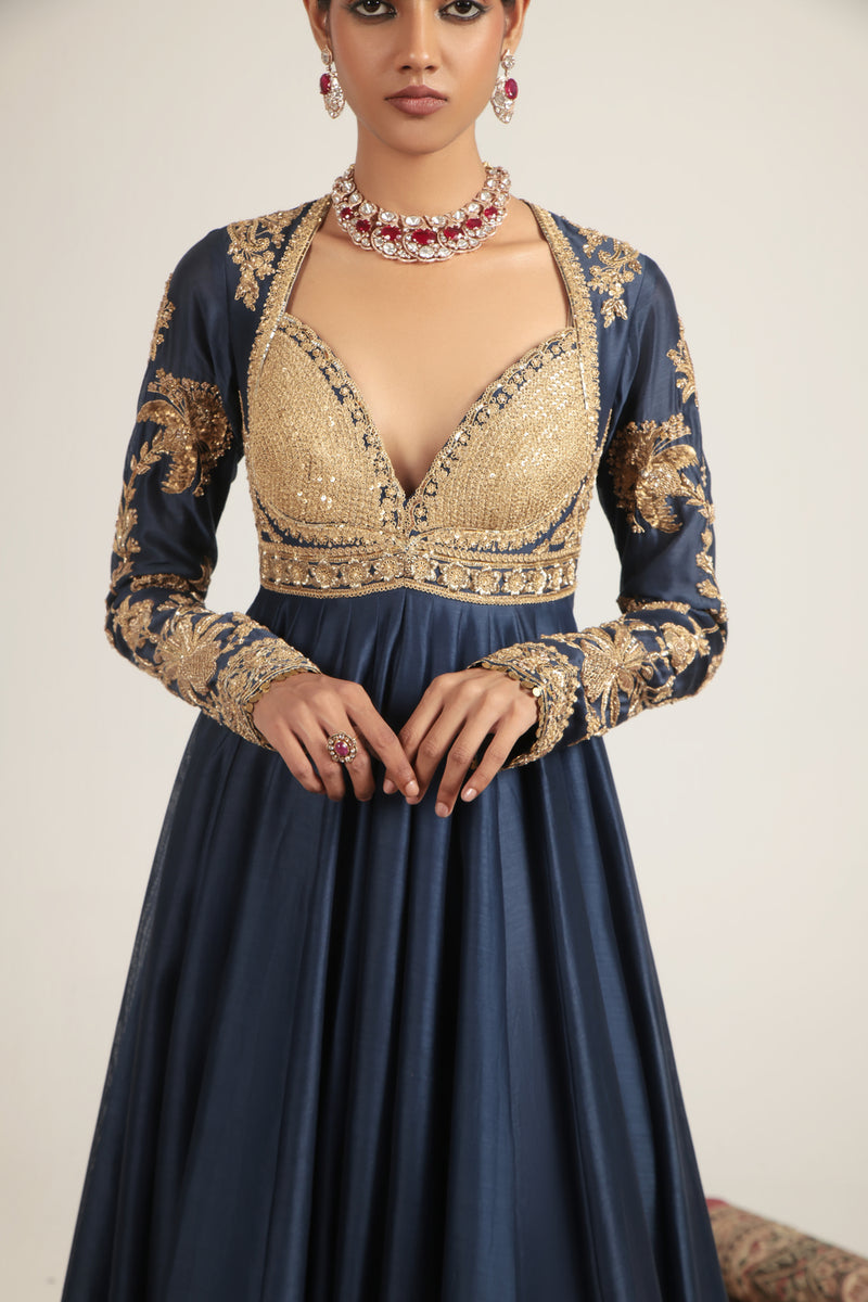 Zar-Rang Blue Heavy Yoke Kalidar Set silk chanderi, silk tencel, organza kurta/kurta set by Niti Bothra in blue for women Worldwide