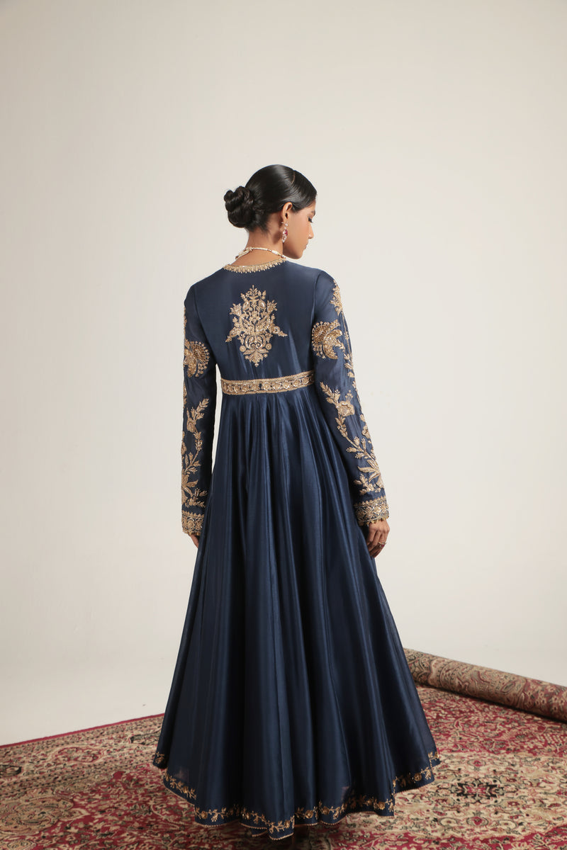 Zar-Rang Blue Heavy Yoke Kalidar Set silk chanderi, silk tencel, organza kurta/kurta set by Niti Bothra in blue for women Worldwide