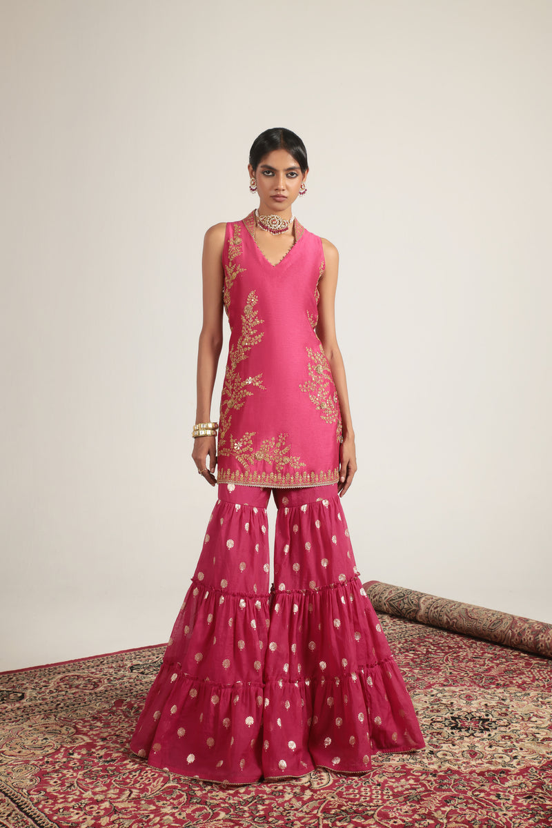 Mehrang Pink Sleeveless Sharara Set silk chanderi kurta/kurta set by Niti Bothra in pink for women Worldwide