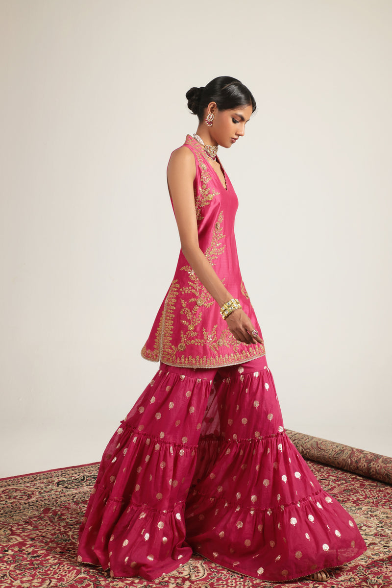 Mehrang Pink Sleeveless Sharara Set silk chanderi kurta/kurta set by Niti Bothra in pink for women Worldwide