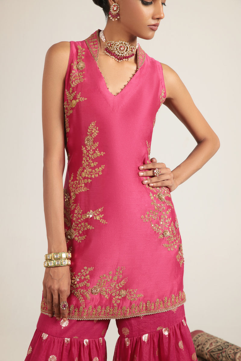 Mehrang Pink Sleeveless Sharara Set silk chanderi kurta/kurta set by Niti Bothra in pink for women Worldwide