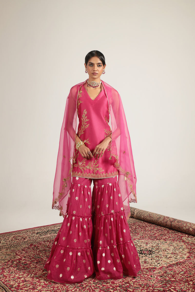 Mehrang Pink Sleeveless Sharara Set silk chanderi kurta/kurta set by Niti Bothra in pink for women Worldwide
