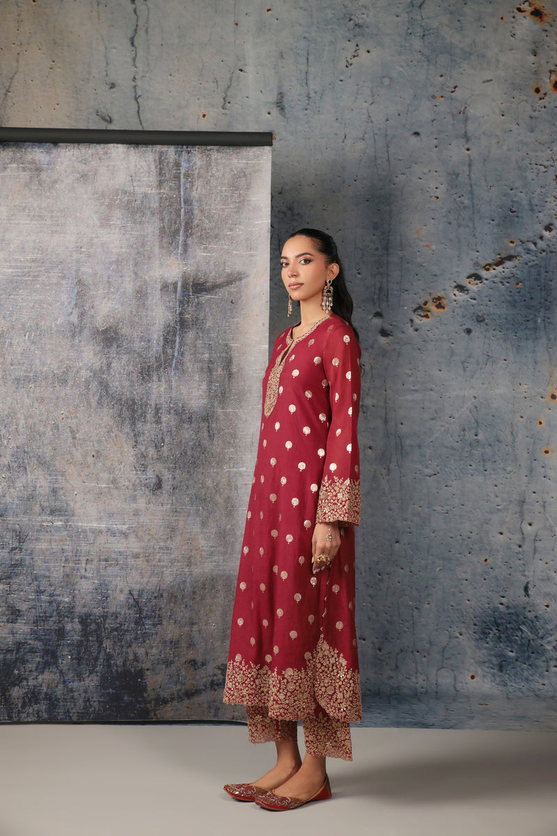 Mehrang Maroon Farshi Kurta Set silk chanderi kurta/kurta set by Niti Bothra in maroon for women Worldwide